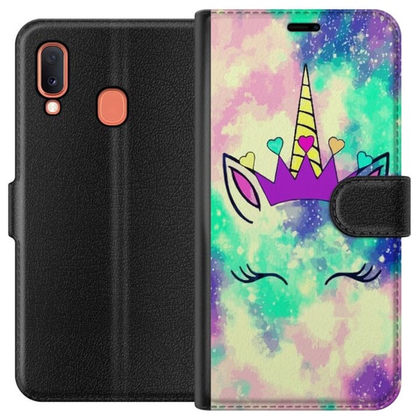 Kompatibel Tegnebogsetui til Samsung Galaxy A20e Pastelfarvet enhjørning med galaksebaggrund, hjerter og krone, magisk legende fantasydesign i modern