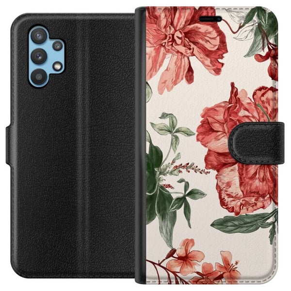Kompatibelt Plånboksfodral till Samsung Galaxy A32 5G Röda blommor botaniskt motiv med gröna blad elegant stil för dig som gillar naturens färger