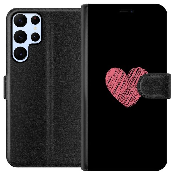 Yhteensopiva Lompakkokotelo Samsung Galaxy S22 Ultra 5G Käsin piirretty vaaleanpunainen sydän mustalla minimalistisella taustalla