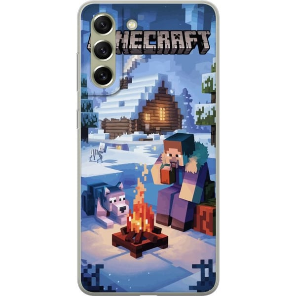 Kompatibel Mobilcover til Samsung Galaxy S21 FE 5G Minecraft-vintermotiv med Steve, ulv, lejrbål og snedækket hytte, spilillustration til Minecraft-f