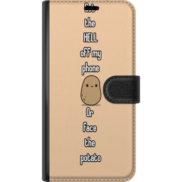 Kompatibelt Plånboksfodral till Samsung Galaxy A20e Potatis illustration – Roligt motiv Get off my phone or meet the potato