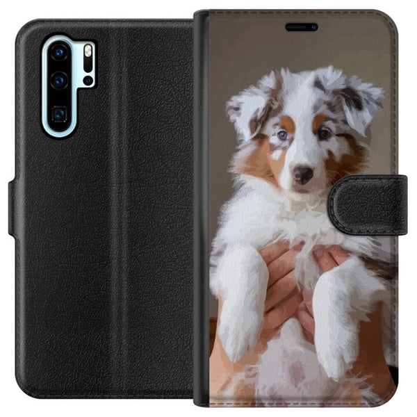 Yhteensopiva Lompakkokotelo Huawei P30 Pro Koiranpentuaiheinen kuvitus – Suloinen pörröinen pentu muotokuvamaisessa designissa, jolla on siniset silm