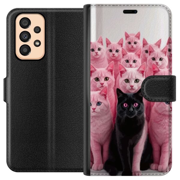 Yhteensopiva Lompakkokotelo Samsung Galaxy A33 5G Musta kissa vaaleanpunaisten kissojen joukossa – hauska, kontrastikas design leikkisällä viehätykse