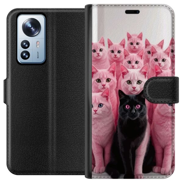 Yhteensopiva Lompakkokotelo Xiaomi 12 Pro Musta kissa vaaleanpunaisten kissojen joukossa – hauska, kontrastikas design leikkisällä viehätyksellä ja t