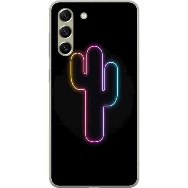 Kompatibelt Mobildeksel til Samsung Galaxy S21 FE 5G Neonillustrasjon av kaktus i rosa og blått lys mot mørk bakgrunn i moderne popestetikk