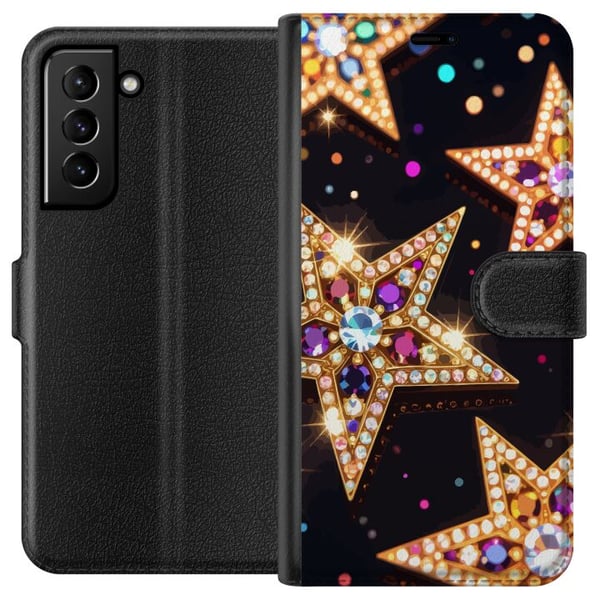 Kompatibelt Plånboksfodral till Samsung Galaxy S21+ 5G Gyllene glitterstjärnor med kristaller och festlig ljuseffekt på mörk bakgrund ett elegant mot