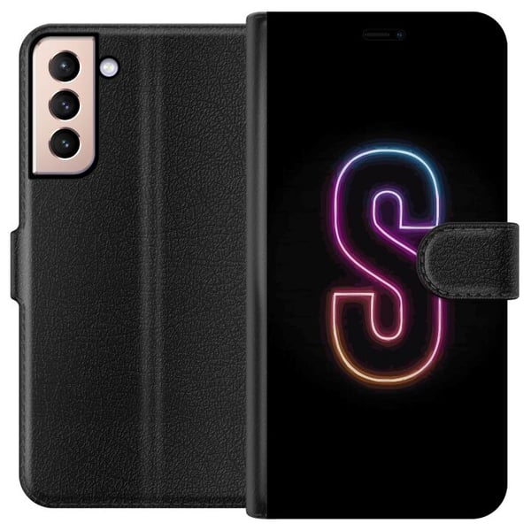 Kompatibelt Lommeboketui til Samsung Galaxy S21 Neonbokstaven S i rosa og blå toner mot mørk bakgrunn i retrofuturistisk design Kompatibelt Lommeboketui til Samsung Galaxy S21 Neonbokstaven S i rosa og blå toner mot mørk bakgrunn i retrofuturistisk design