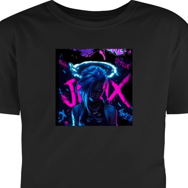 T-Shirt Arcane Jinx plakat League of Legends LoL graffiti neon anime Netflix spilling karakter fanart design Svart Liten