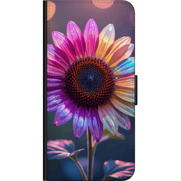 Kompatibelt Plånboksfodral till Samsung Galaxy A20s Skimrande iriserande blomma i rosa lila och guld mot mjuk bokeh och ljusglitter