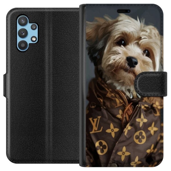 Kompatibelt Plånboksfodral till Samsung Galaxy A32 5G Liten hund i lyxjacka elegant och rolig design för modeälskare och hundägare med stil