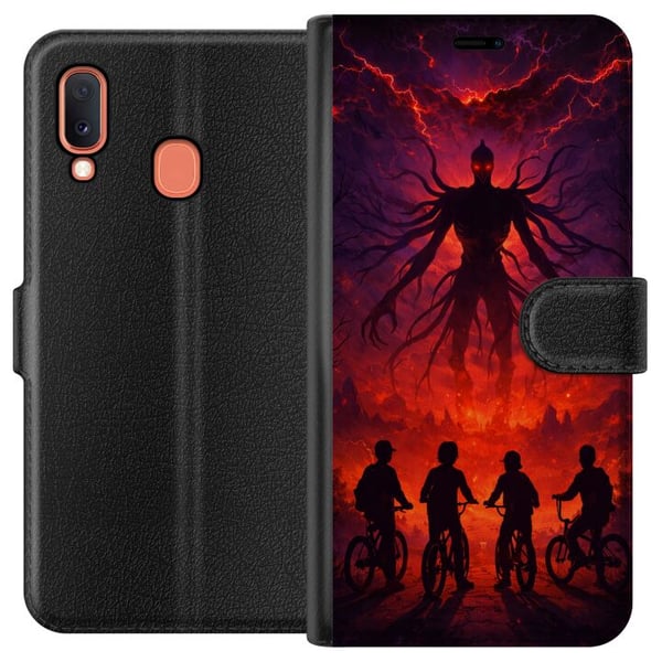 Kompatibelt Plånboksfodral till Samsung Galaxy A20e Mörk fantasyillustration inspirerad av Stranger Things med övernaturlig varelse, blixtar och cykl Kompatibelt Plånboksfodral till Samsung Galaxy A20e Mörk fantasyillustration inspirerad av Stranger Things med övernaturlig varelse, blixtar och cykl