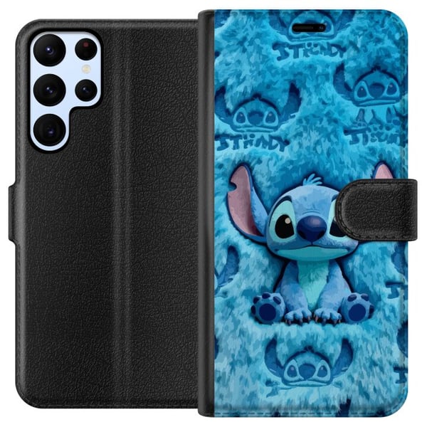 Yhteensopiva Lompakkokotelo Samsung Galaxy S22 Ultra 5G Stitch istuu pörröisen sinisen kuvion päällä, jossa hänen kasvonsa ja korvansa toistuvat teks
