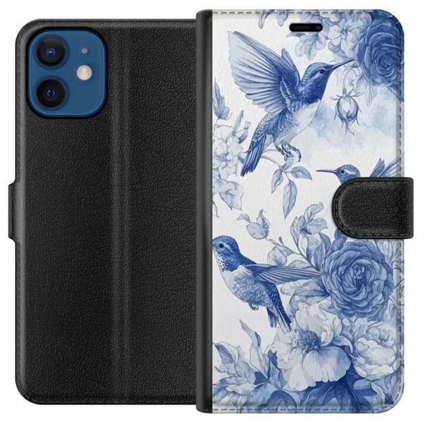 Kompatibelt Lommeboketui til Apple iPhone 12 Blått mønster med fugler og blomster retro