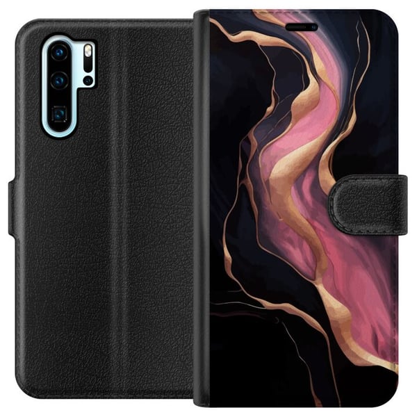 Kompatibel Tegnebogsetui til Huawei P30 Pro Abstrakte bølger i sort med lyserøde striber og guldfarvede kanter som flydende marmor mod en mørk baggru