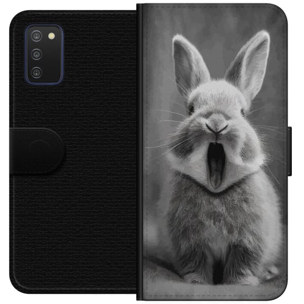 Kompatibelt Lommeboketui til Samsung Galaxy A03s Bedårende kanin i svart-hvitt sitter forfra med munnen åpen som i et gjesp, noe som skaper et sjarme