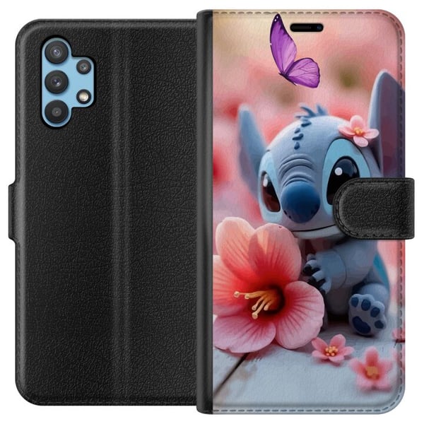 Kompatibelt Plånboksfodral till Samsung Galaxy A32 5G Söt blå fantasivarelse med rosa blomma och fjäril romantiskt vårmotiv Kompatibelt Plånboksfodral till Samsung Galaxy A32 5G Söt blå fantasivarelse med rosa blomma och fjäril romantiskt vårmotiv
