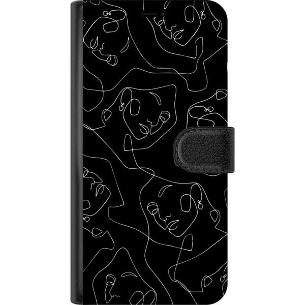 Kompatibelt Plånboksfodral till Samsung Galaxy A20e Abstrakta ansikten linjekonst i vitt på mörk bakgrund modern minimalistisk stil för konstälskare