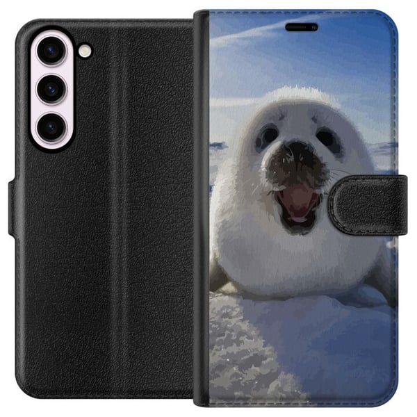 Yhteensopiva Lompakkokotelo Samsung Galaxy S23+ Hylkeenpoikanen lumessa, suuri hymy ja pehmeä, pyöreä muoto, suloinen talviaihe arktisella tunnelmall