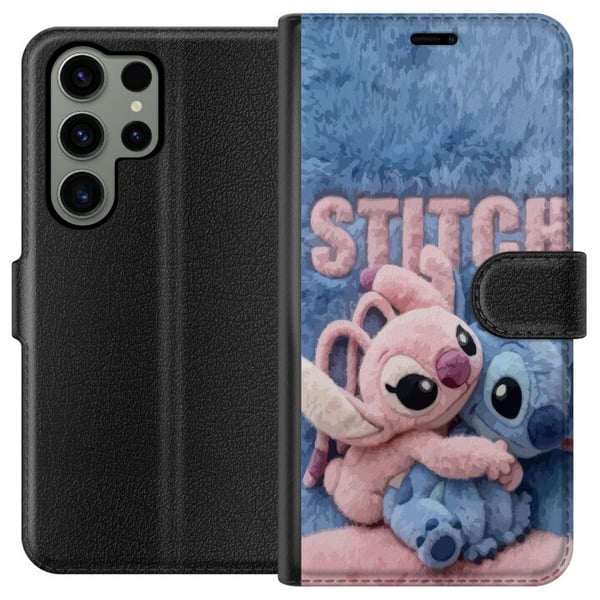 Kompatibelt Lommeboketui til Samsung Galaxy S23 Ultra De lodne Stitch og Angel klemmer hverandre på et mykt, pelsaktig underlag med pastellfarger som
