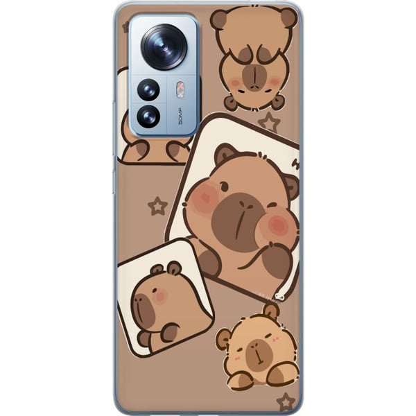 Yhteensopiva Puhelinkuori Xiaomi 12 Pro Capybara Frame Friends Leikkisä design, jossa on pieniä kapybaroja tähtikuvioisissa ruuduissa ja beige tausta