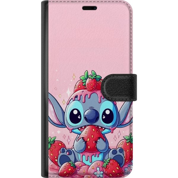 Kompatibelt Lommeboketui til Samsung Galaxy S21+ 5G Stitch Strawberry Love – søtt motiv med blå figur og jordbær i rosa pastelltema