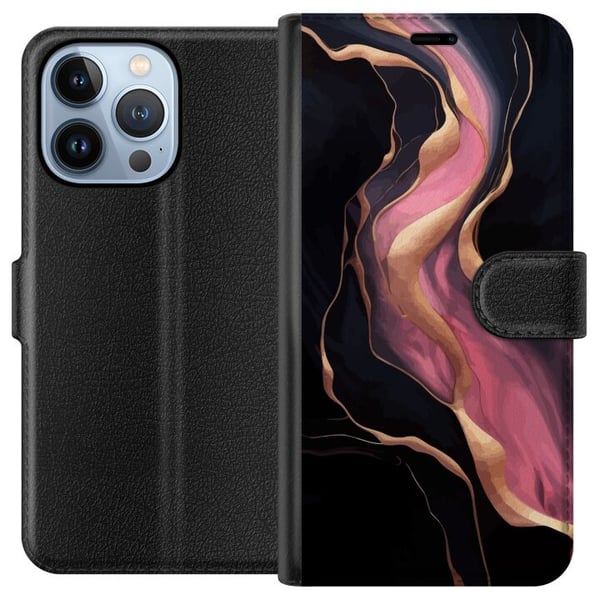 Yhteensopiva Lompakkokotelo Apple iPhone 13 Pro Abstrakteja mustia aaltoja, joissa on vaaleanpunaisia juovia ja kullanväriset reunat, kuin valuvaa ma