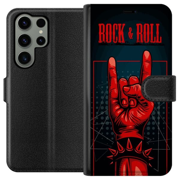 Kompatibelt Lommeboketui til Samsung Galaxy S23 Ultra Rock &amp; Roll-design – Rødt og svart motiv med klassisk hardrocktema