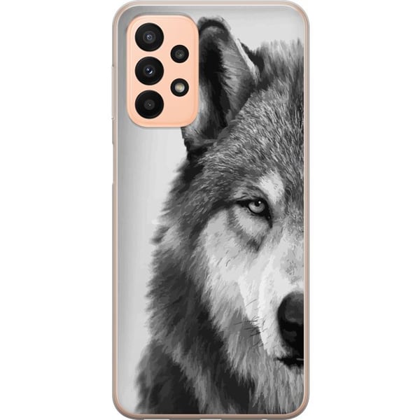 Kompatibelt Mobildeksel til Samsung Galaxy A23 Svart-hvitt ulveportrett med intenst blikk, detaljert pels og kraftfull følelse, stilrent naturmotiv m
