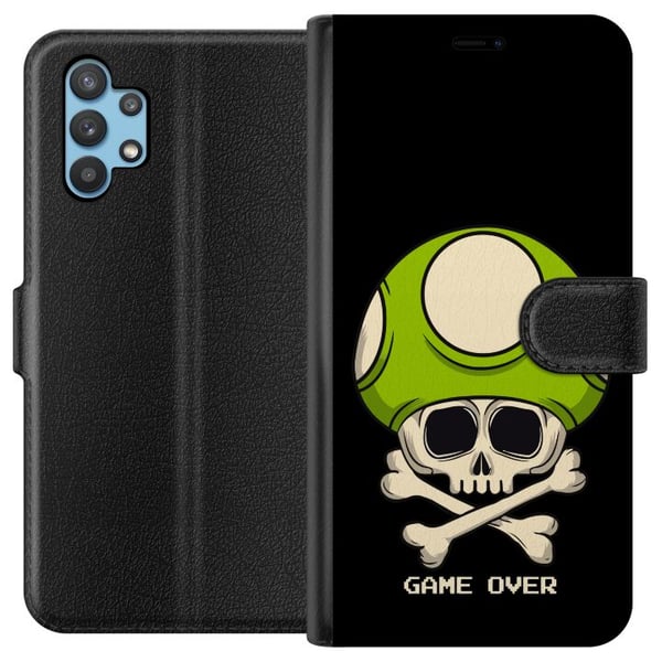 Kompatibelt Plånboksfodral till Samsung Galaxy A32 5G Spelinspirerat motiv med dödskalle och grön svamp i retrostil med texten game over Kompatibelt Plånboksfodral till Samsung Galaxy A32 5G Spelinspirerat motiv med dödskalle och grön svamp i retrostil med texten game over
