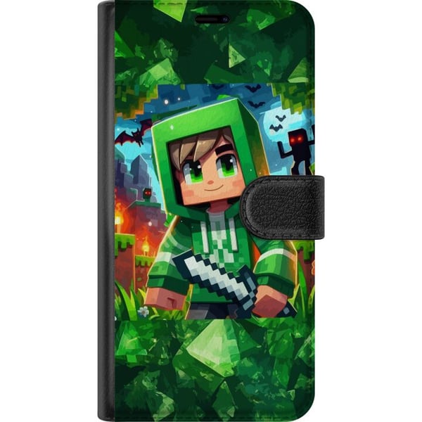 Kompatibelt Lommeboketui til Samsung Galaxy S10 Lite Minecraft-gutten med grønn hettegenser – tegnet Minecraft-gutt med sverd, piksler og eventyrtema