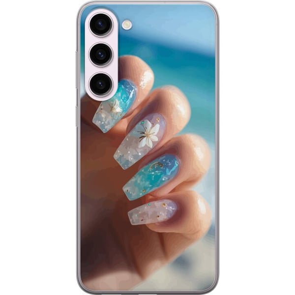Kompatibel Mobilcover til Samsung Galaxy S23+ Negledesignillustration – Blå glitter med blomst, havinspireret motiv Kompatibel Mobilcover til Samsung Galaxy S23+ Negledesignillustration – Blå glitter med blomst, havinspireret motiv