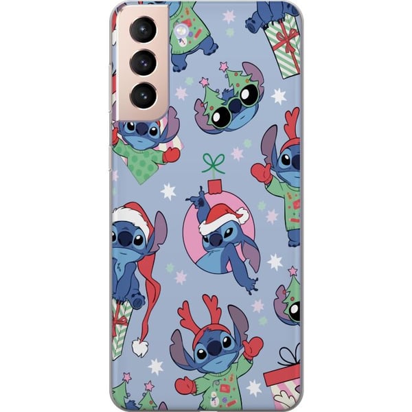 Kompatibel Mobilcover til Samsung Galaxy S21 Disney Stitch-julemønster – sødt Stitch-julemotiv med nissehuer, rensdyrgevir og blå baggrund