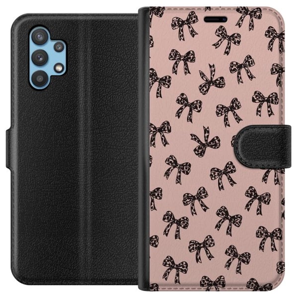 Kompatibelt Plånboksfodral till Samsung Galaxy A32 5G Bow pattern leopard rosetter rosa cute fashion girly retro design print tapet style pink bakgru