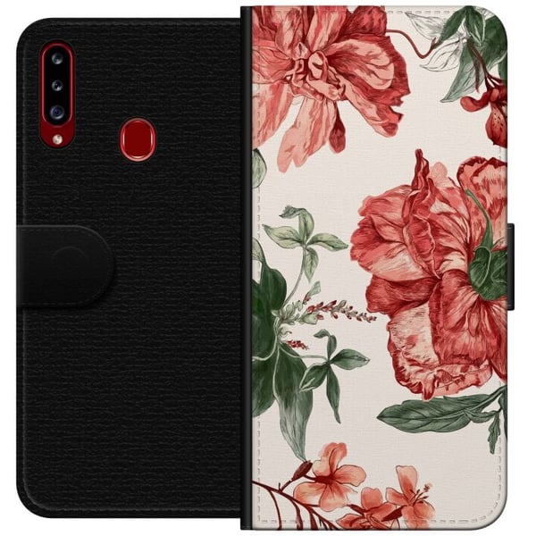 Kompatibelt Plånboksfodral till Samsung Galaxy A20s Röda blommor botaniskt motiv med gröna blad elegant stil för dig som gillar naturens färger