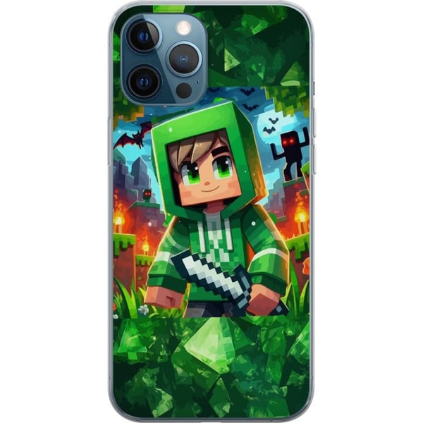 Kompatibelt Mobilskal till Apple iPhone 12 Pro Minecraft gamer boy green hoodie – tecknad Minecraft pojke med svärd, pixlar och äventyrstema