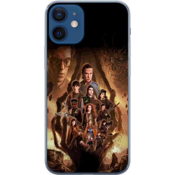 Kompatibelt Mobilskal till Apple iPhone 12 mini Stranger Things-gruppbild med hjältarna i mörk fantasymiljö och hotfull varelse