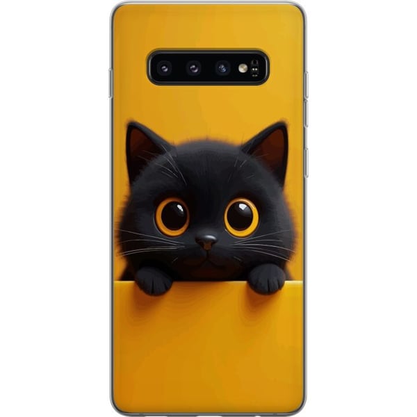 Kompatibelt Mobildeksel til Samsung Galaxy S10 Søt svart katt med store øyne på gul bakgrunn - minimalistisk dyreillustrasjon med varm farge og myk s