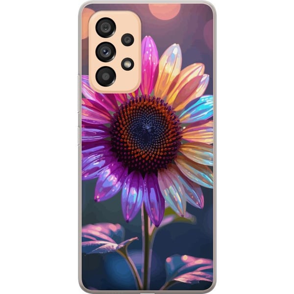 Kompatibelt Mobildeksel til Samsung Galaxy A53 5G Skinnende iriserende blomst i rosa, lilla og gull mot myk bokeh og lysglitter