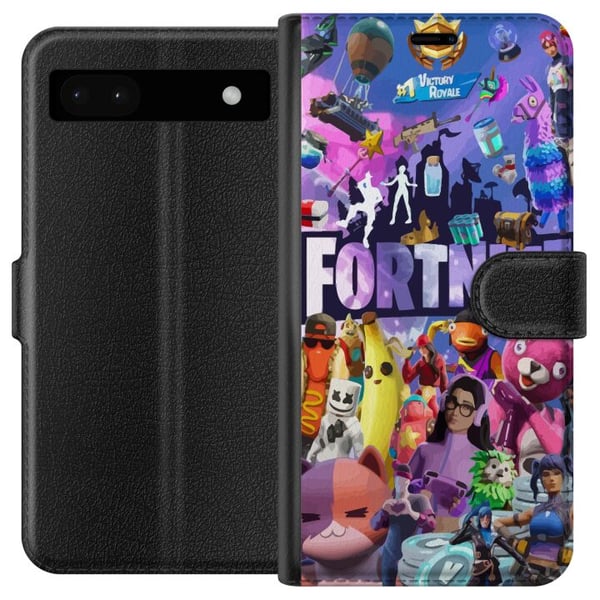 Yhteensopiva Lompakkokotelo Google Pixel 6a Fortnite-kollaasi, jossa on hahmoja, Victory Royale ja saalista – värikäs Fortnite-design, jossa on skine