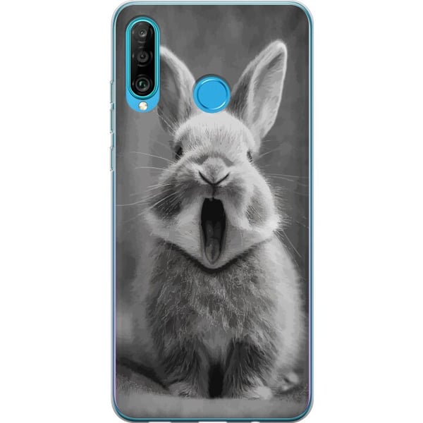 Kompatibelt Mobilskal till Huawei P30 lite Bedårande kanin i svartvitt sitter framifrån med munnen öppen som i en gäspning vilket skapar charmigt rol