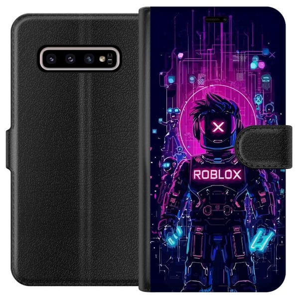 Kompatibelt Lommeboketui til Samsung Galaxy S10+ Roblox Cyber Core Kraftfullt digitalt Roblox-design med lilla lys og futuristisk bakgrunn