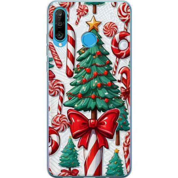 Kompatibelt Mobilskal till Huawei P30 lite Julgran poster Christmas tree polkagris godis holiday sweets julmotiv retro candy canes design art