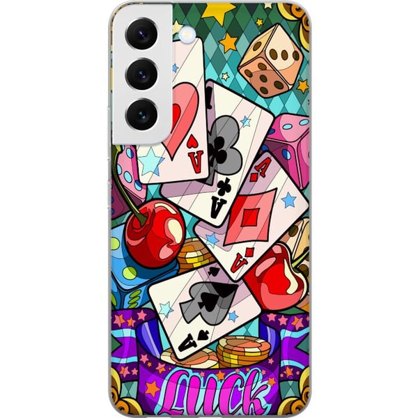 Yhteensopiva Puhelinkuori Samsung Galaxy S22 5G Lucky Hands -kasino pop art -design, jossa on pelikortteja, noppia ja kirsikoita sekä retrohenkinen v