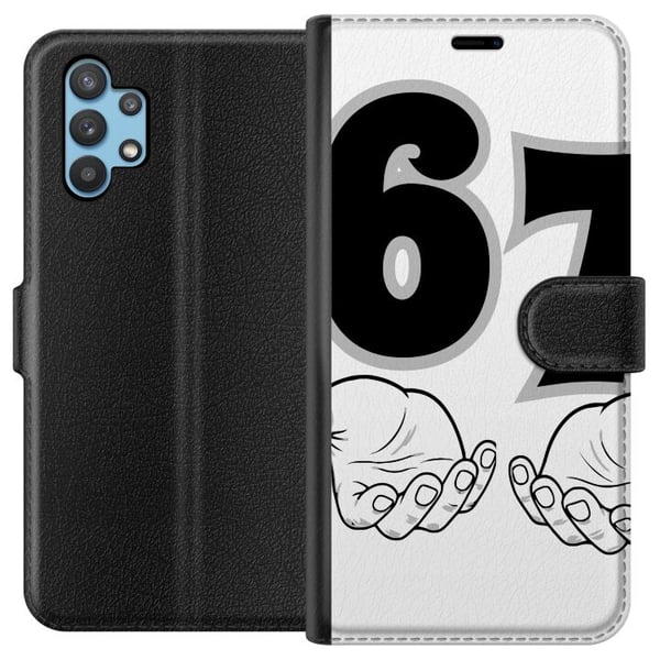 Kompatibelt Plånboksfodral till Samsung Galaxy A32 5G 67 meme hands illustration svartvit – stilren 6-7 grafik med händer och tydlig minimalistisk de