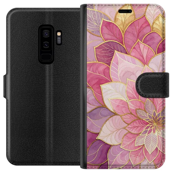 Kompatibelt Plånboksfodral till Samsung Galaxy S9+ Blommig mandala – Rosa och lila mönster med gyllene detaljer illustration