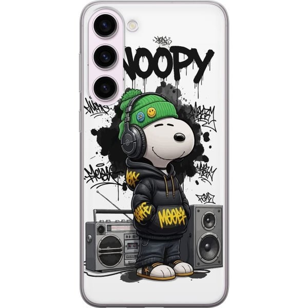 Kompatibel Mobilcover til Samsung Galaxy S23+ Snoopy i streetwear med høretelefoner og graffiti-stil står ved siden af en boombox og smiler stort, et Kompatibel Mobilcover til Samsung Galaxy S23+ Snoopy i streetwear med høretelefoner og graffiti-stil står ved siden af en boombox og smiler stort, et