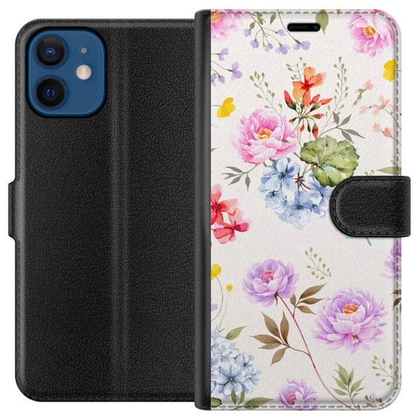 Kompatibel Tegnebogsetui til Apple iPhone 12 Blomstret mønster med håndmalede blomster, sommerfugle og insekter i romantisk skandinavisk stil, dekora