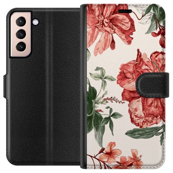 Kompatibel Tegnebogsetui til Samsung Galaxy S21 Røde blomster, botanisk motiv med grønne blade, elegant stil til dig, der kan lide naturens farver