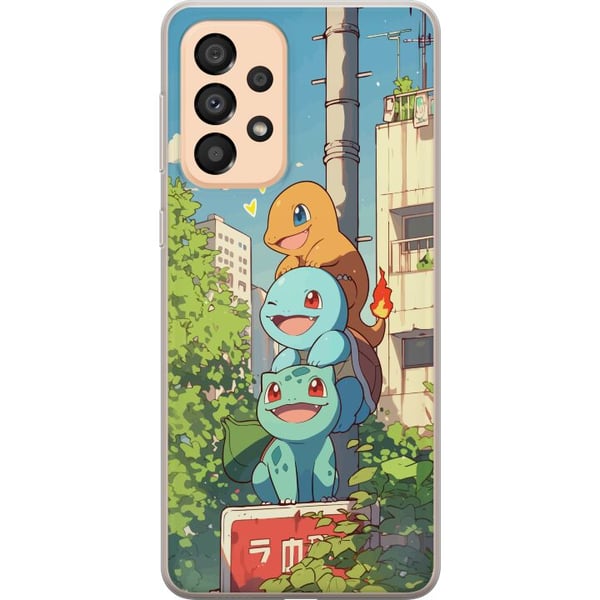 Yhteensopiva Puhelinkuori Samsung Galaxy A33 5G City Trio kolme iloista pientä hahmoa kaupunkiympäristössä, sininen taivas ja vihreitä puita, viehätt
