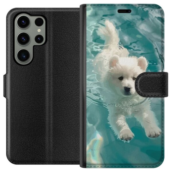 Kompatibel Tegnebogsetui til Samsung Galaxy S23 Ultra Hvalp i vand hvid hvalp hund swimmingpool blå turkis sommermotiv sød kæledyrsillustration desig